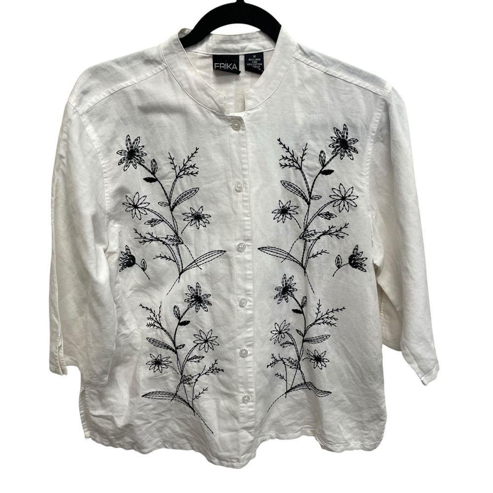 Erika linen button up shirt white womens medium embroidered floral coastal